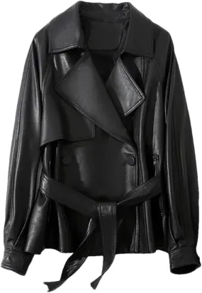 100% Sheepskin Vintage Leather Jackets Womens Notched Lapel Belt Trenchcoat Casual Leather Jackets