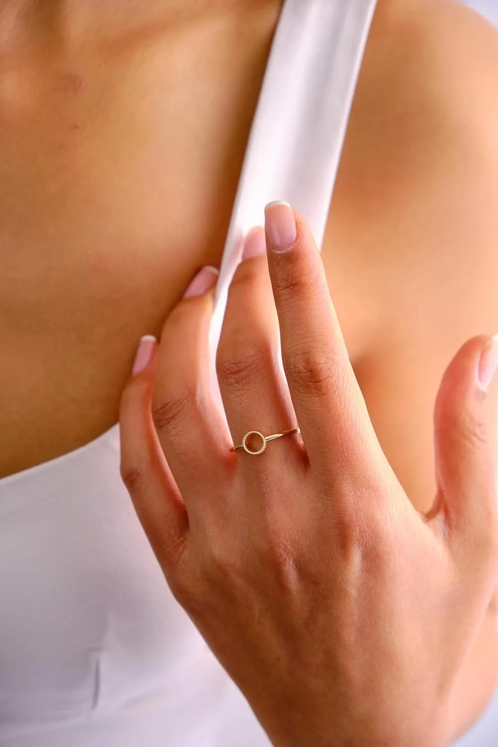 14K Gold Minimalist Open Circle Ring, Rope Texture Design, Dainty Stackable Band