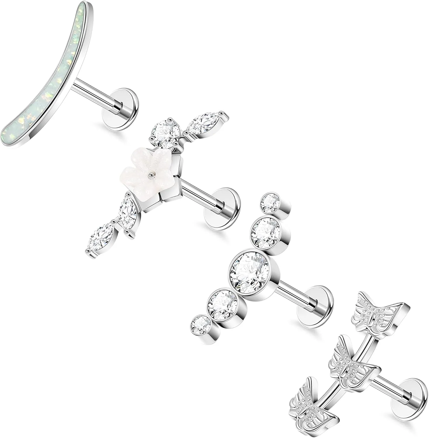 16G G23 Titanium Cartilage Earrings Stud for Women Pure Titanium Flat Back Helix Earrings Hypoallergenic CZ Opal Flower Internally Threaded Cartilage Helix Piercing Jewelry 6/8/10mm