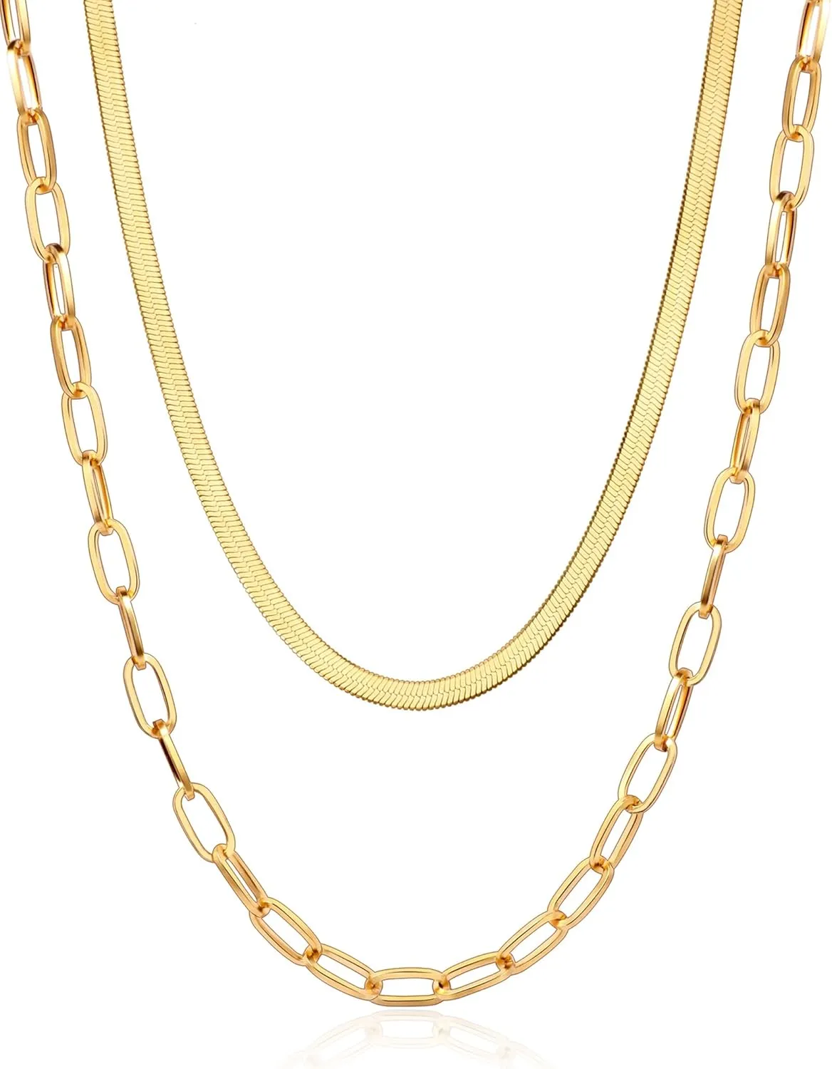 18K Gold Plated Layered Necklaces for Women, Dainty Paperclip Chain, Herringbone Necklace, Cuban Link Chain Gold Necklace Stack for Women