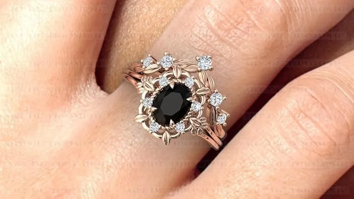 1CT-5CT Art Deco Floral Engagement Ring Set Vintage Black Onyx Engagement Ring 14k Rose Gold Black Onyx Wedding Ring Antique Bridal Ring Set