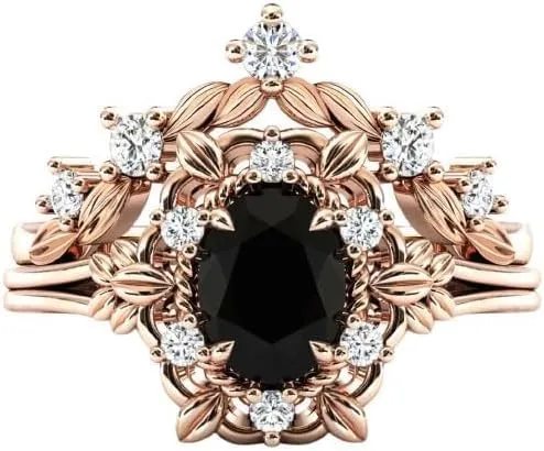 1CT-5CT Art Deco Floral Engagement Ring Set Vintage Black Onyx Engagement Ring 14k Rose Gold Black Onyx Wedding Ring Antique Bridal Ring Set