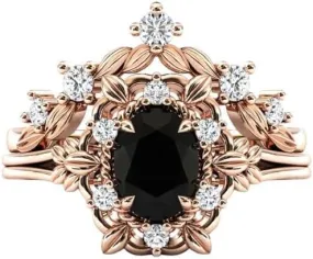 1CT-5CT Art Deco Floral Engagement Ring Set Vintage Black Onyx Engagement Ring 14k Rose Gold Black Onyx Wedding Ring Antique Bridal Ring Set