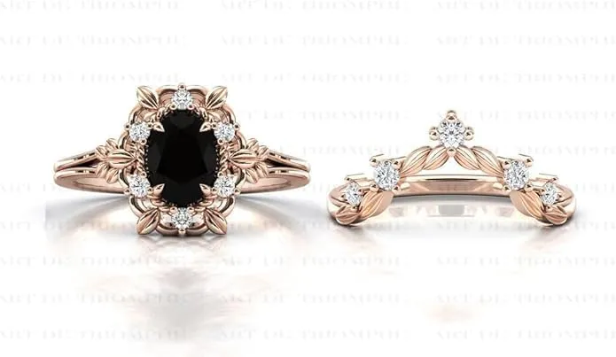 1CT-5CT Art Deco Floral Engagement Ring Set Vintage Black Onyx Engagement Ring 14k Rose Gold Black Onyx Wedding Ring Antique Bridal Ring Set