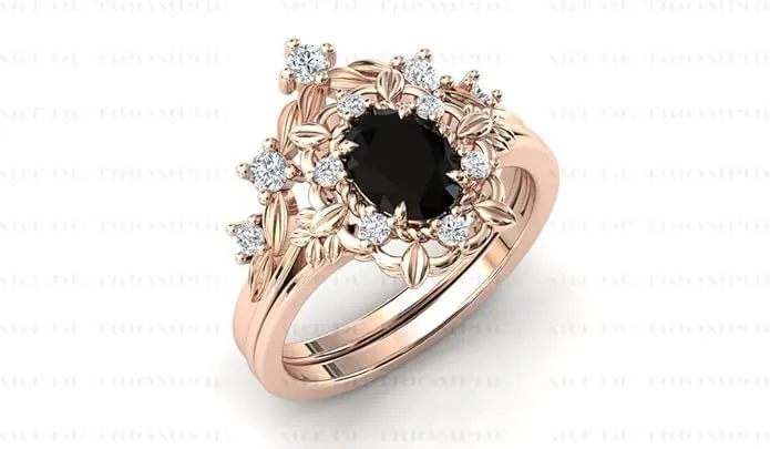 1CT-5CT Art Deco Floral Engagement Ring Set Vintage Black Onyx Engagement Ring 14k Rose Gold Black Onyx Wedding Ring Antique Bridal Ring Set
