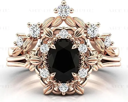1CT-5CT Art Deco Floral Engagement Ring Set Vintage Black Onyx Engagement Ring 14k Rose Gold Black Onyx Wedding Ring Antique Bridal Ring Set