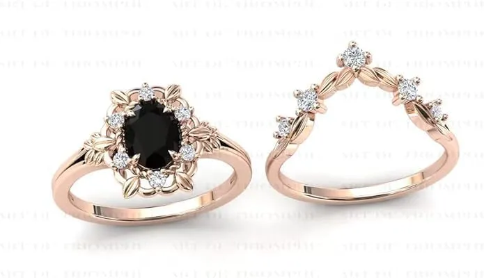 1CT-5CT Art Deco Floral Engagement Ring Set Vintage Black Onyx Engagement Ring 14k Rose Gold Black Onyx Wedding Ring Antique Bridal Ring Set