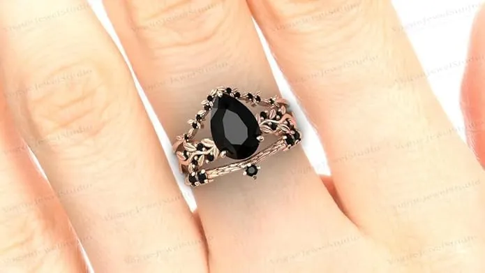 1CT-5CT Pear Shaped Black Onyx Engagement Ring Set Art Deco Black Onyx Antique Wedding Ring Pear Shaped Engagement Rings Vintage Bridal Ring