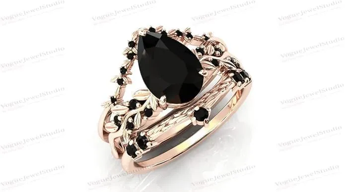 1CT-5CT Pear Shaped Black Onyx Engagement Ring Set Art Deco Black Onyx Antique Wedding Ring Pear Shaped Engagement Rings Vintage Bridal Ring