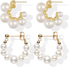2 Pairs Pearl Hoop Earrings for Women Gold C Shape Pearl Stud Earrings Small Pearl Huggie Earrings Pearl Jewelry Set Lightweight Hypoallergenic Earrings