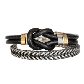 2pc Bracelet Set for Men, Men's Black Leather Knot Bracelet & Silver Plated Brass Chain Bracelet Set, Tribal Boho Celtic Bracelet Set for Men, Handmade Jewelry for Guys by Magoo