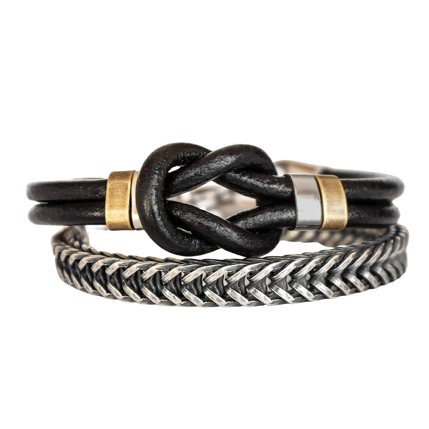 2pc Bracelet Set for Men, Men's Black Leather Knot Bracelet & Silver Plated Brass Chain Bracelet Set, Tribal Boho Celtic Bracelet Set for Men, Handmade Jewelry for Guys by Magoo
