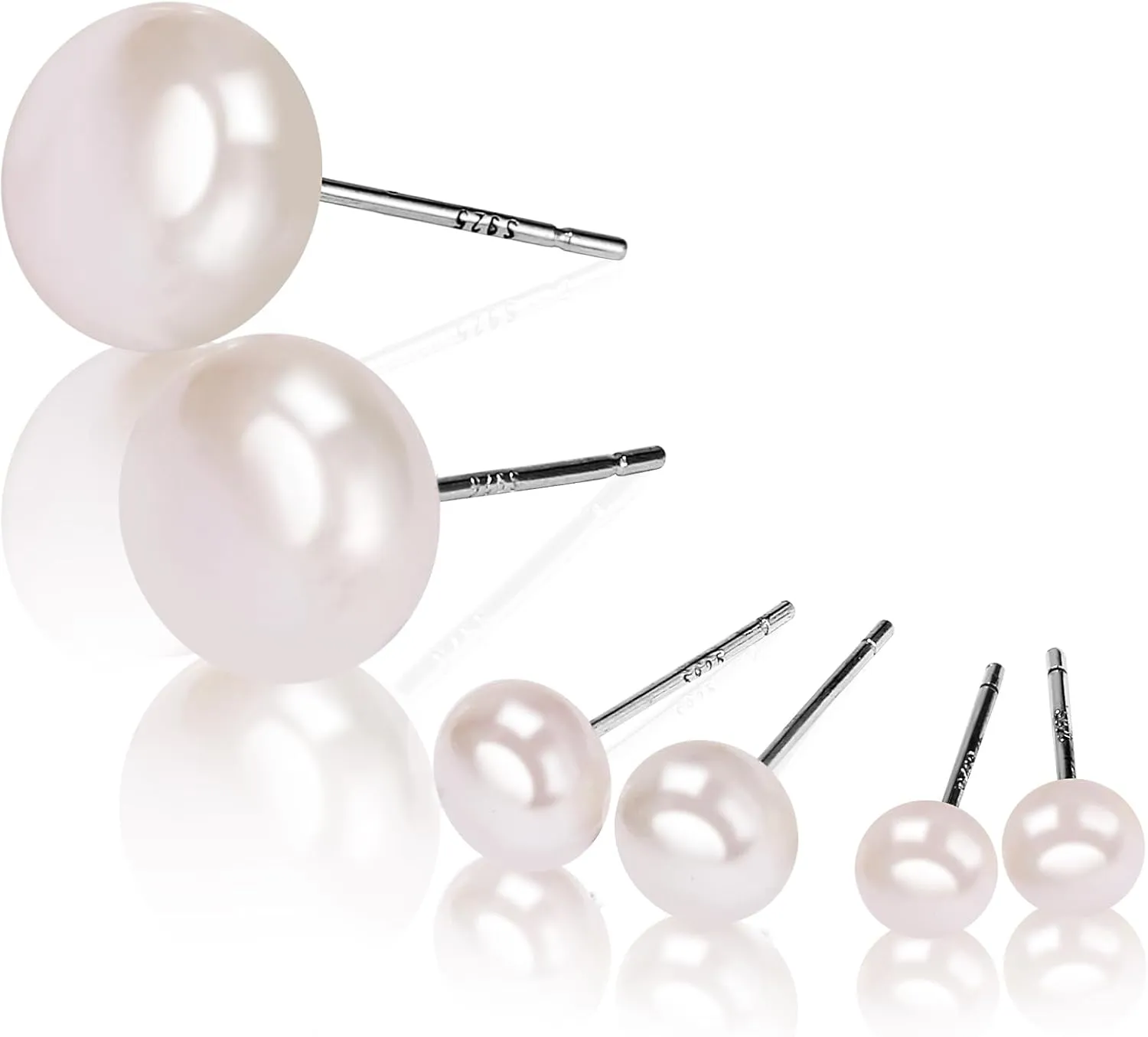3 Pairs AAA  White Freshwater Cultured Pearl Earrings for Women,925 Sterling Silver,Size 3 9mm 