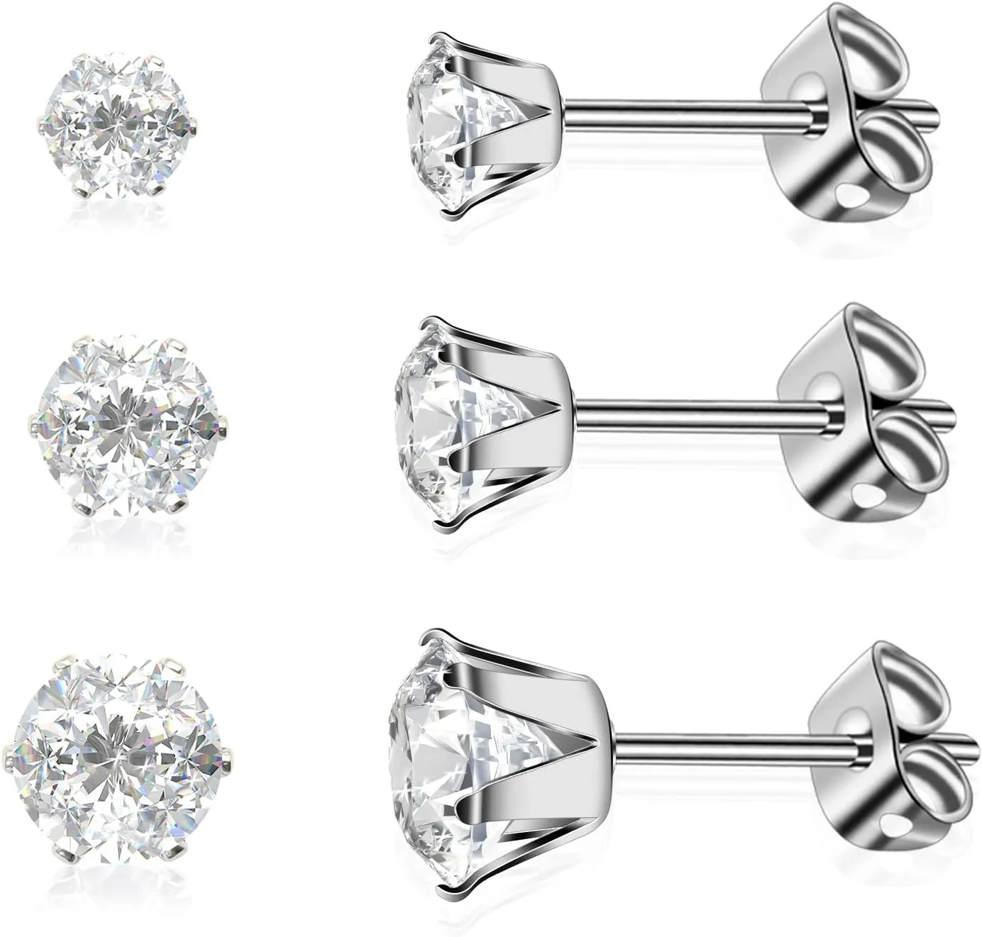 3 Pairs Titanium Earrings 4,5,6 mm Cubic Zirconia Earrings Studs Nickel Free Hypoallergenic Studs Earrings for Women