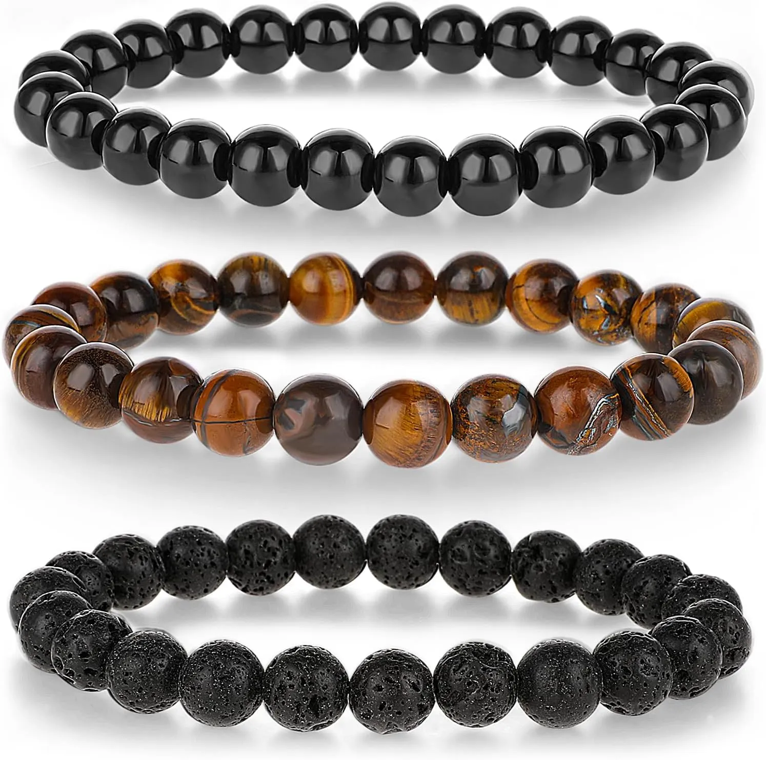 3 Pcs Men Beaded Wrist Bracelet Set Elastic 8mm Bead Lava Rock Eye Mens Beaded Bracelets Jewelry Stretch Stone Black Crystal Round Bead for Men Women Gift
