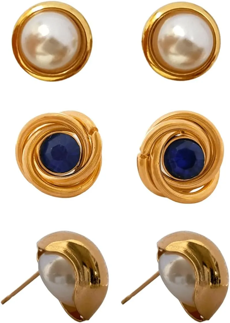 3pcs Stud Earrings Set for Women, Pearl/Blue Cubic Zirconia Ear Rings, Daily Fashion Earrings, Gold Plated 925 Sterling Silver Hypoallergenic Earrings