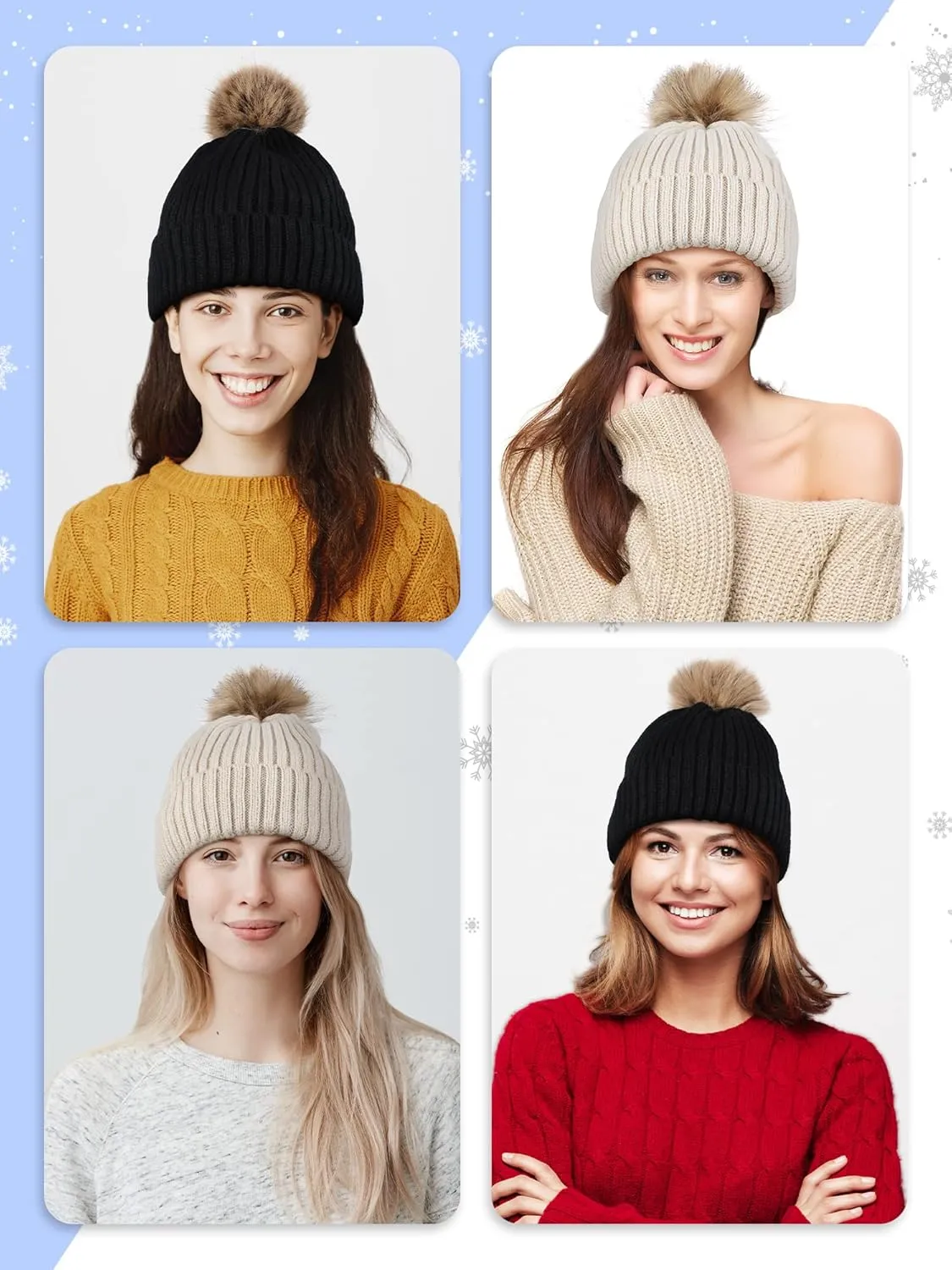 4 Pieces Womens Winter Satin Lined Knit Pom Beanie Hats Touchscreen Gloves Set