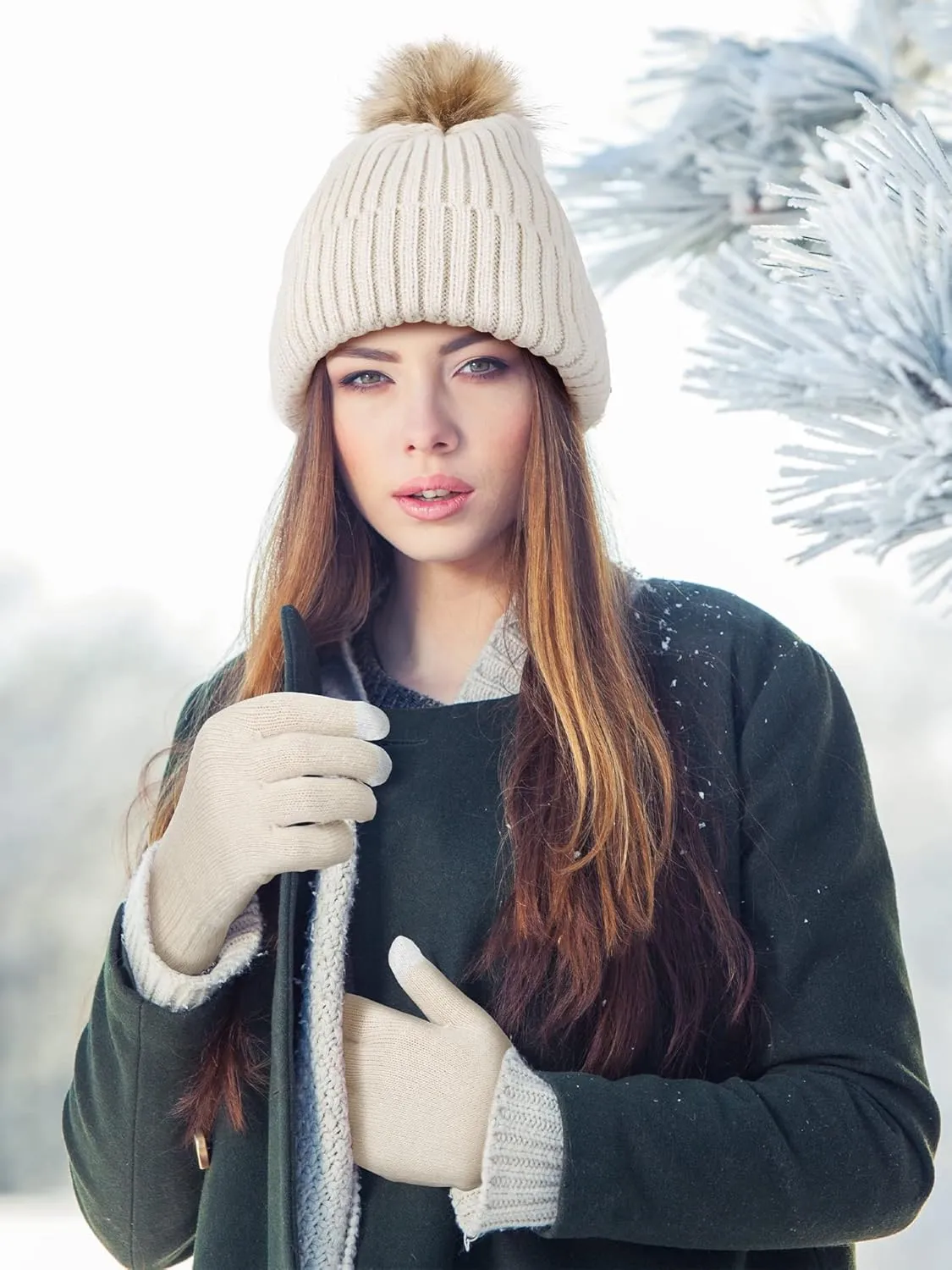4 Pieces Womens Winter Satin Lined Knit Pom Beanie Hats Touchscreen Gloves Set
