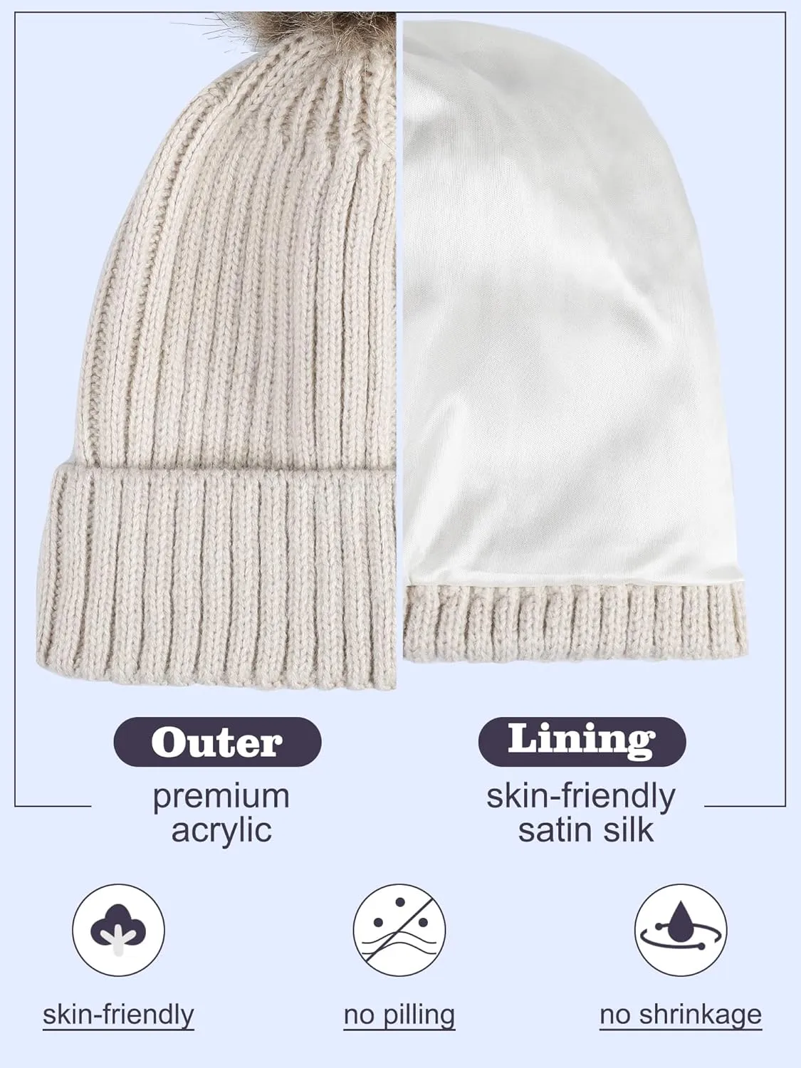 4 Pieces Womens Winter Satin Lined Knit Pom Beanie Hats Touchscreen Gloves Set