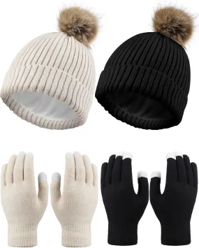 4 Pieces Womens Winter Satin Lined Knit Pom Beanie Hats Touchscreen Gloves Set