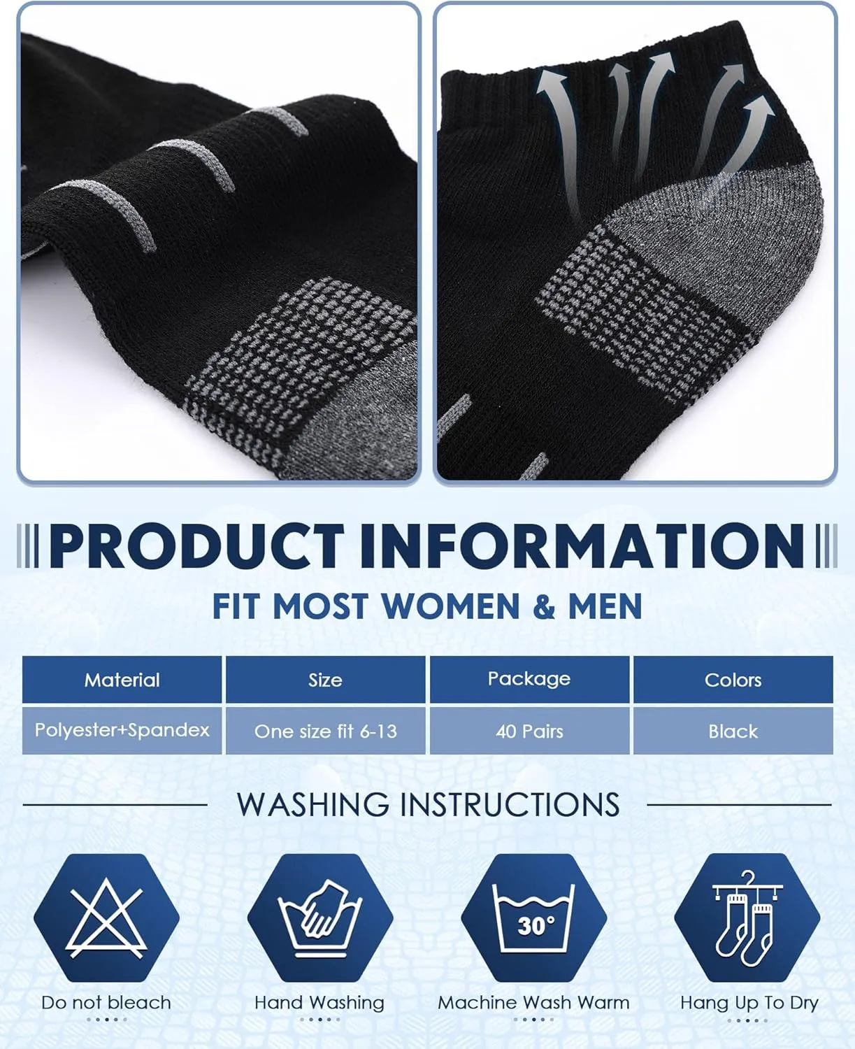 40 Pairs Mens Ankle Socks Bulk Athletic Running Cushion Low Cut Socks Pack Compression Moisture Wicking