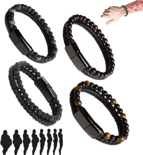 4Pcs Natural Agate Stone Leather Beaded Bracelet