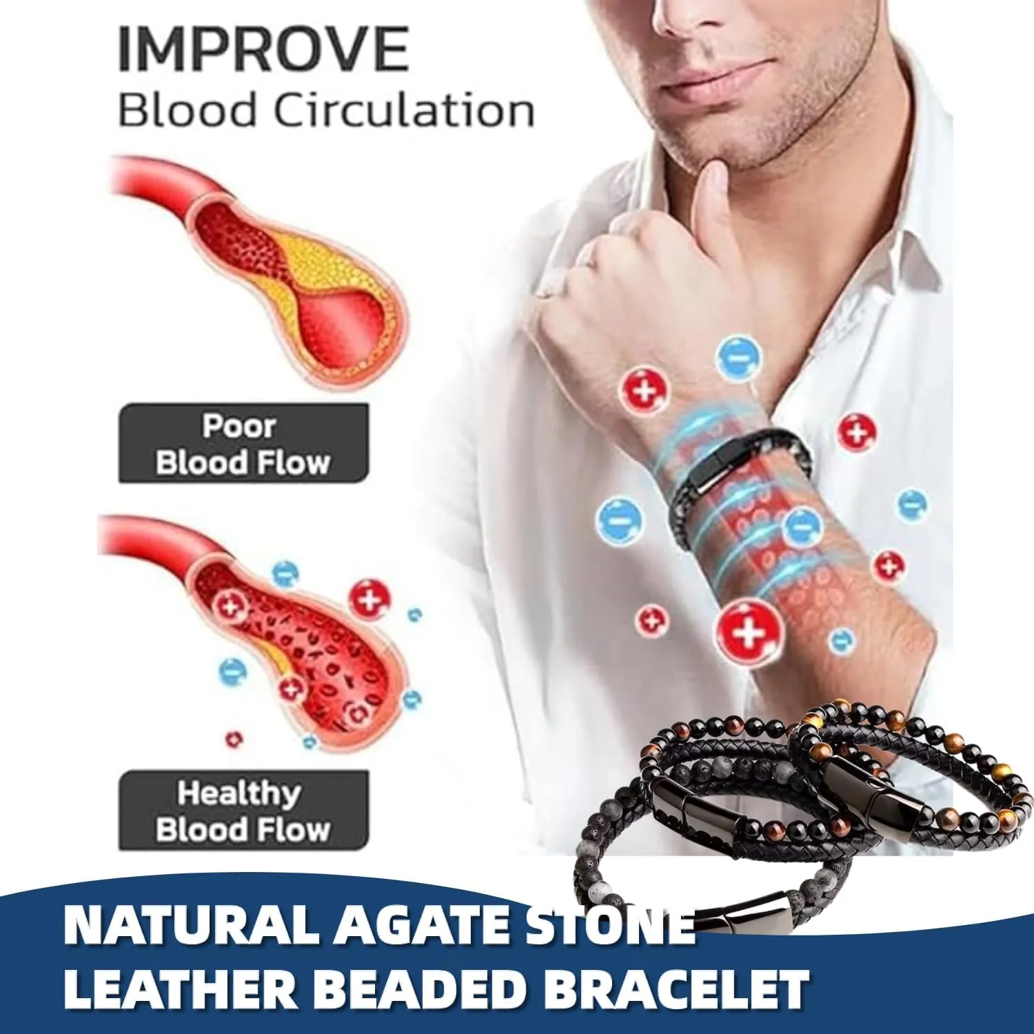 4Pcs Natural Agate Stone Leather Beaded Bracelet