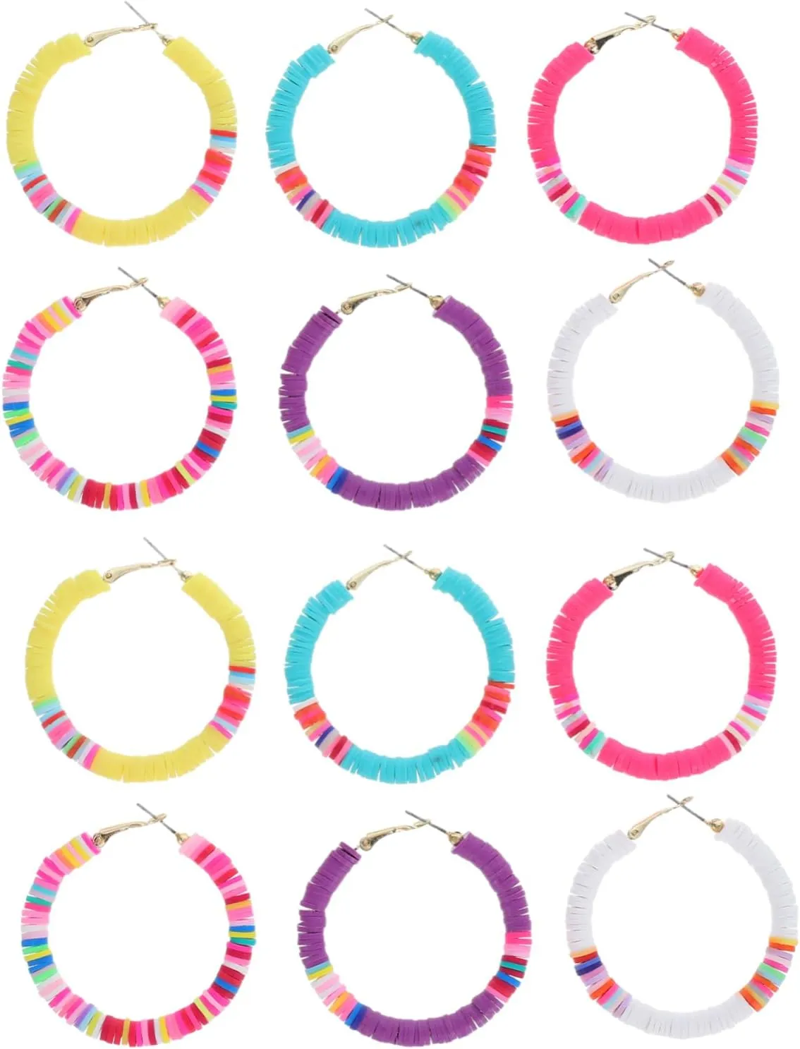 6 Pairs Polymer Clay Beaded Open Hoops Earrings Lightweight Summer Surfer Jewelry for Women Girlfriends and Friends