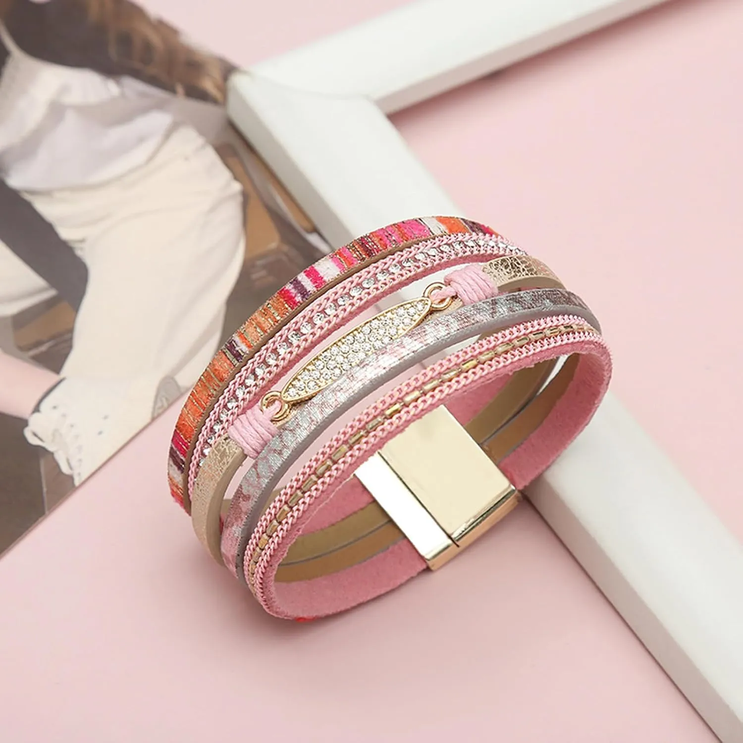 72ore Layered Leather Wrap Bracelet for Women Rhinestone Bracelet Colorful Crystal Cuff Bracelet Handmade Braided Leather Bracelet Boho Cuff Charm Bracelets