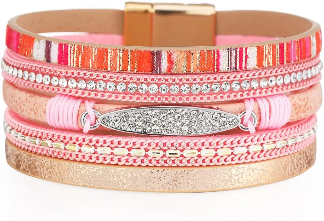 72ore Layered Leather Wrap Bracelet for Women Rhinestone Bracelet Colorful Crystal Cuff Bracelet Handmade Braided Leather Bracelet Boho Cuff Charm Bracelets