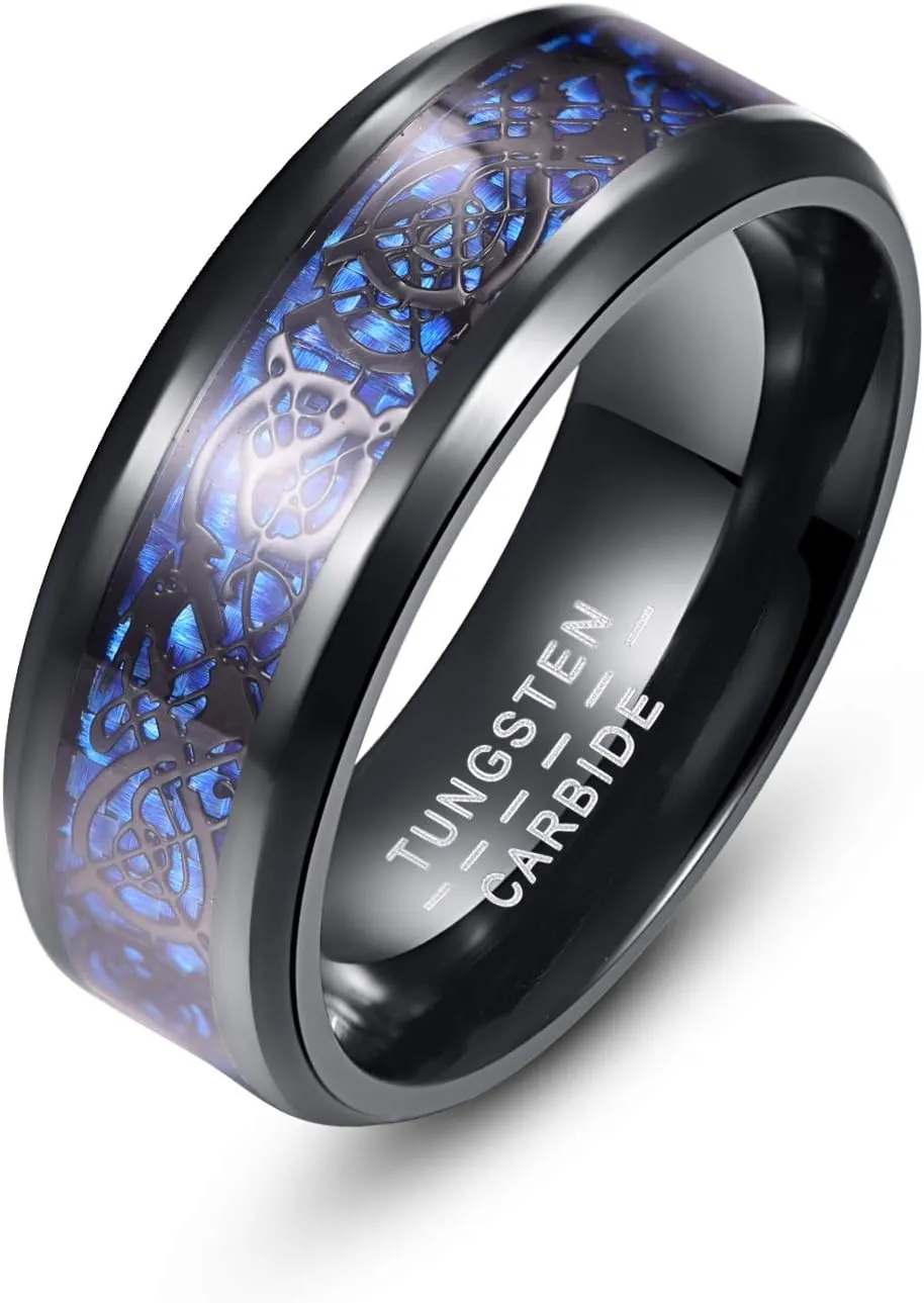 8mm Men Carbon Fiber Inlay Wedding Band Black Tungsten Carbide Pinky Ring Comfort Fit