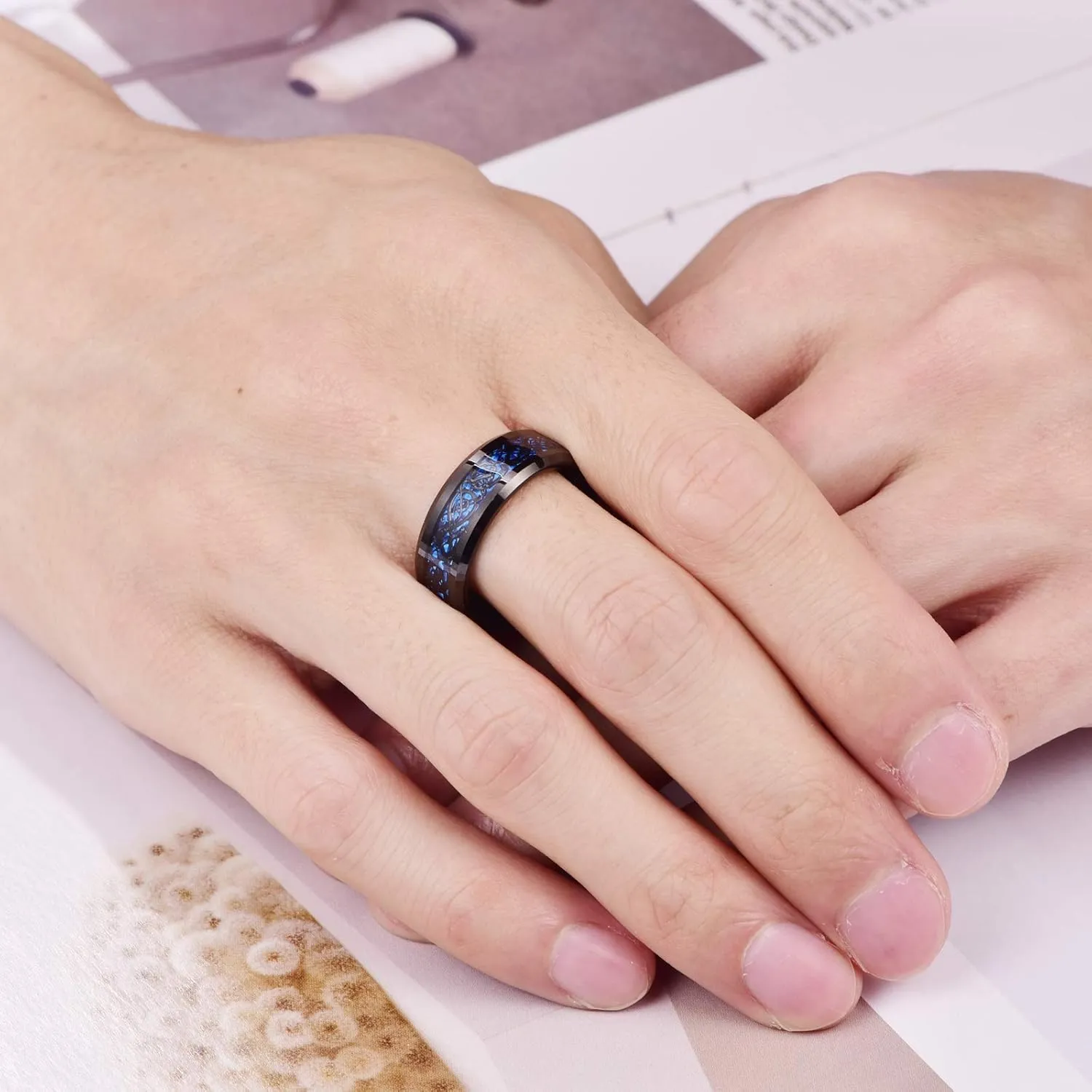 8mm Men Carbon Fiber Inlay Wedding Band Black Tungsten Carbide Pinky Ring Comfort Fit