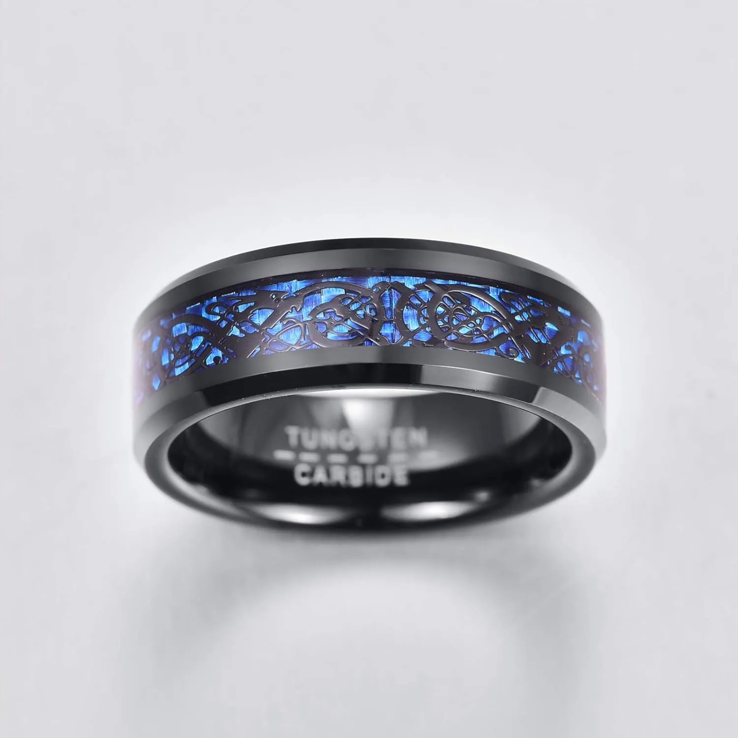 8mm Men Carbon Fiber Inlay Wedding Band Black Tungsten Carbide Pinky Ring Comfort Fit