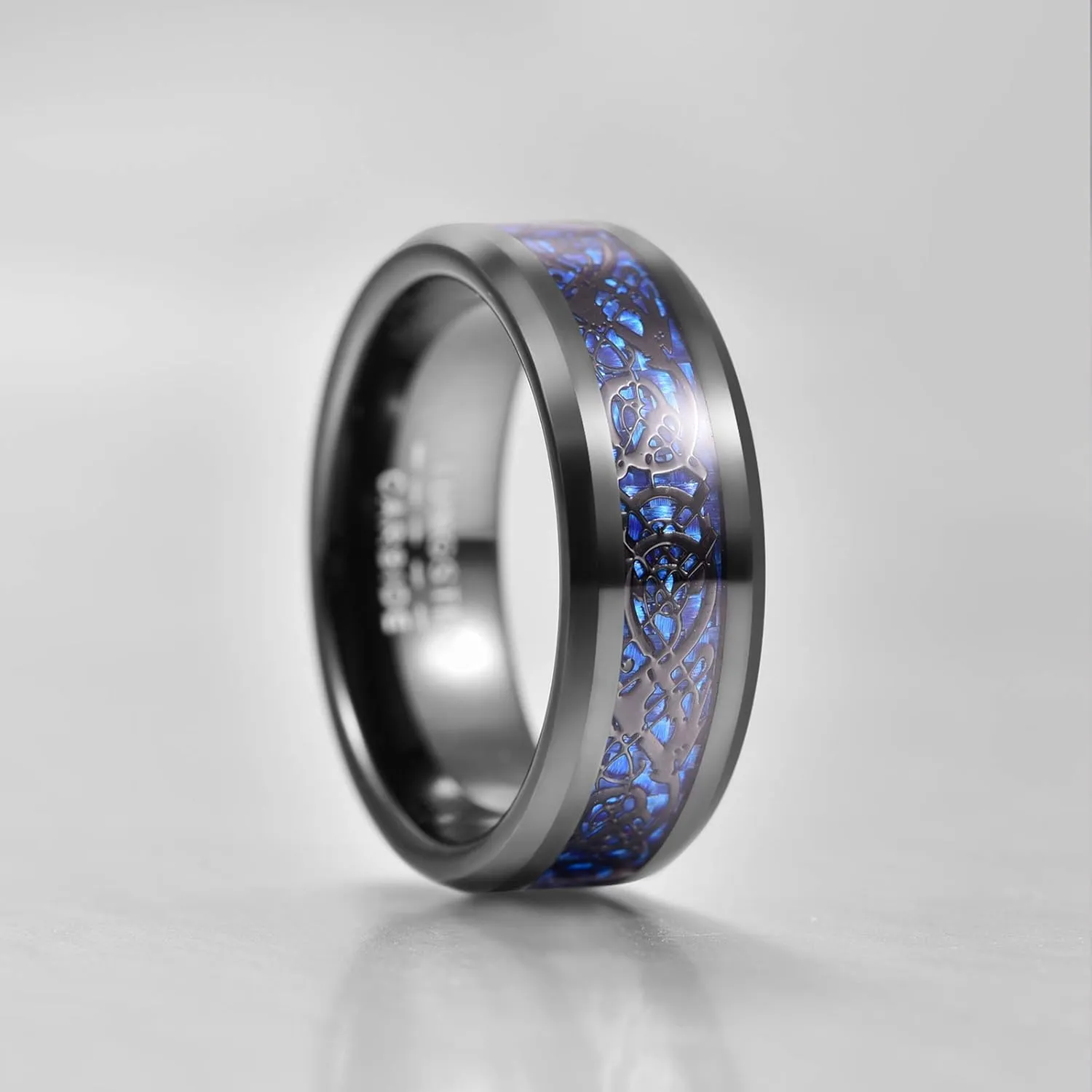 8mm Men Carbon Fiber Inlay Wedding Band Black Tungsten Carbide Pinky Ring Comfort Fit