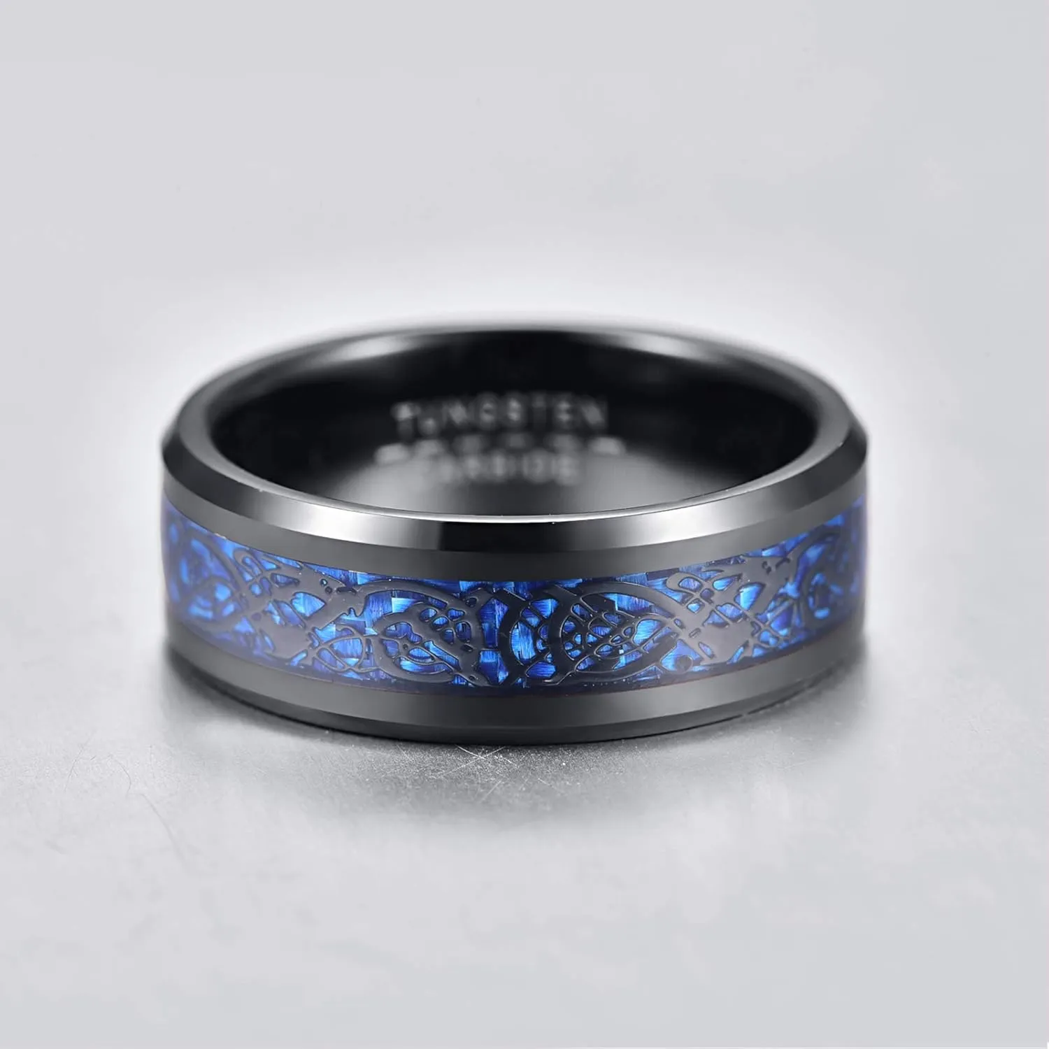 8mm Men Carbon Fiber Inlay Wedding Band Black Tungsten Carbide Pinky Ring Comfort Fit