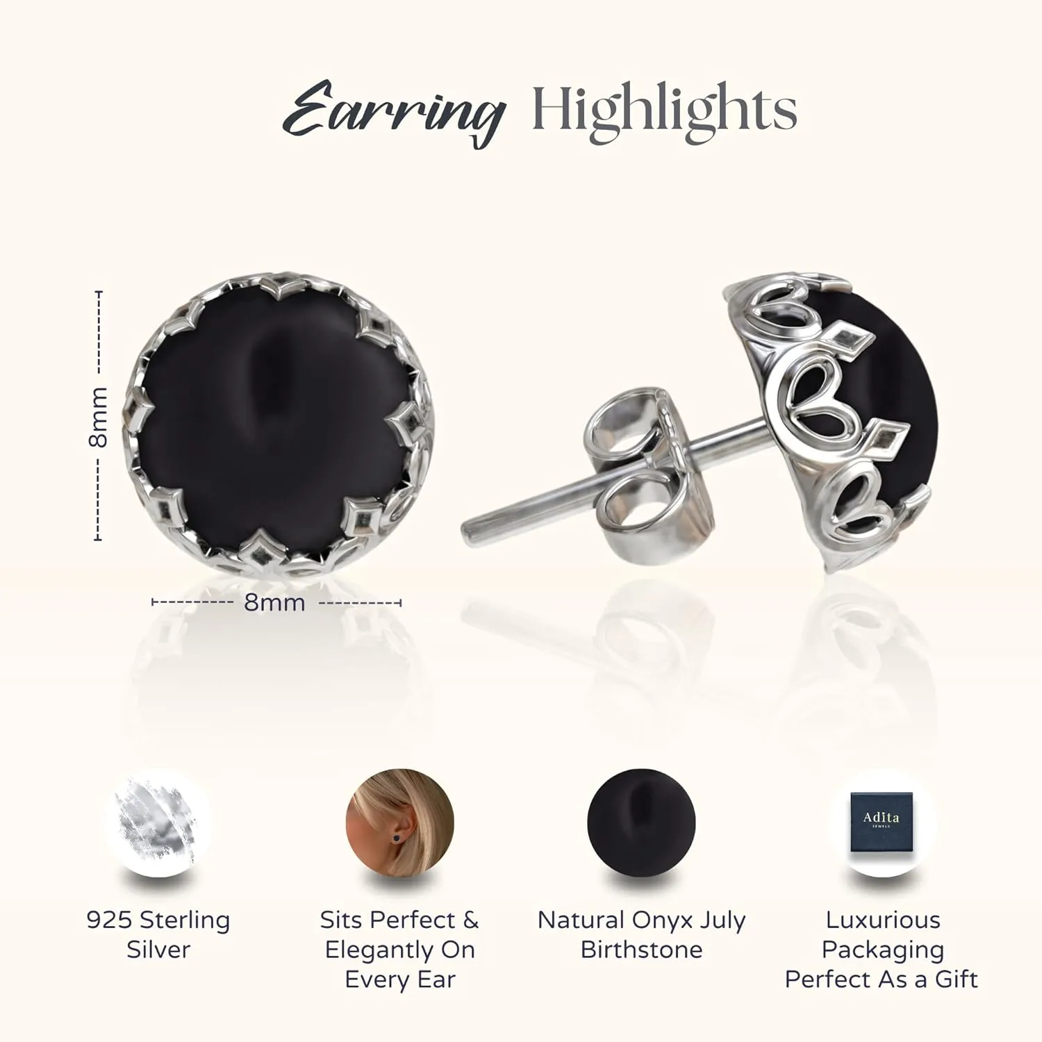 925 Sterling Silver Onyx Studs Earrings for Women - Sterling Silver Earrings Studs - July Birthstone Earrings - Onyx Earrings for Women - Minimalist Earrings for Women