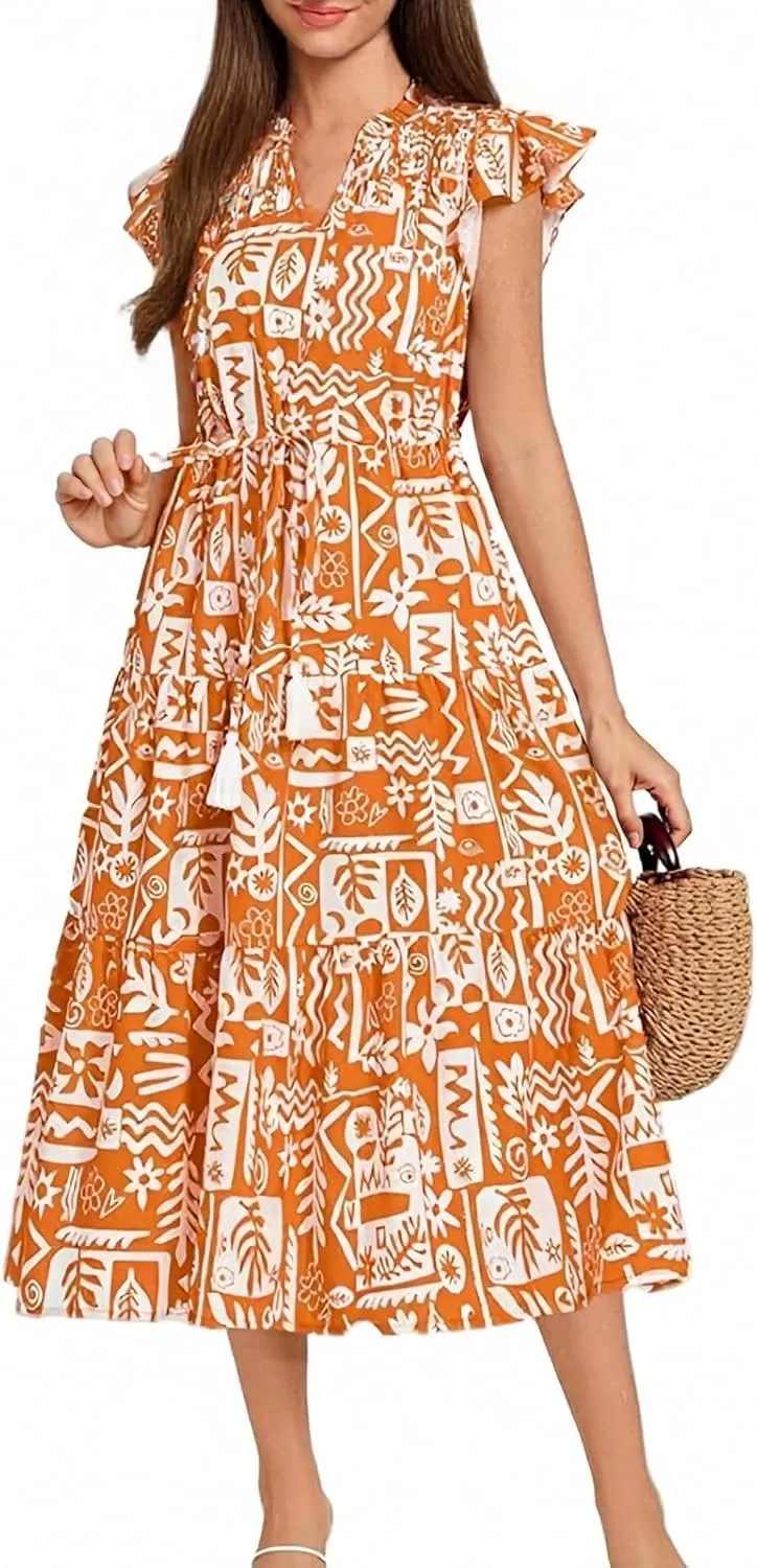 ADHOWBEW Womens Casual Summer Dresses Short Sleeve Waist Tie Smocked Floral Print Dress