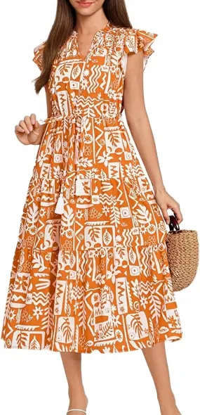 ADHOWBEW Womens Casual Summer Dresses Short Sleeve Waist Tie Smocked Floral Print Dress