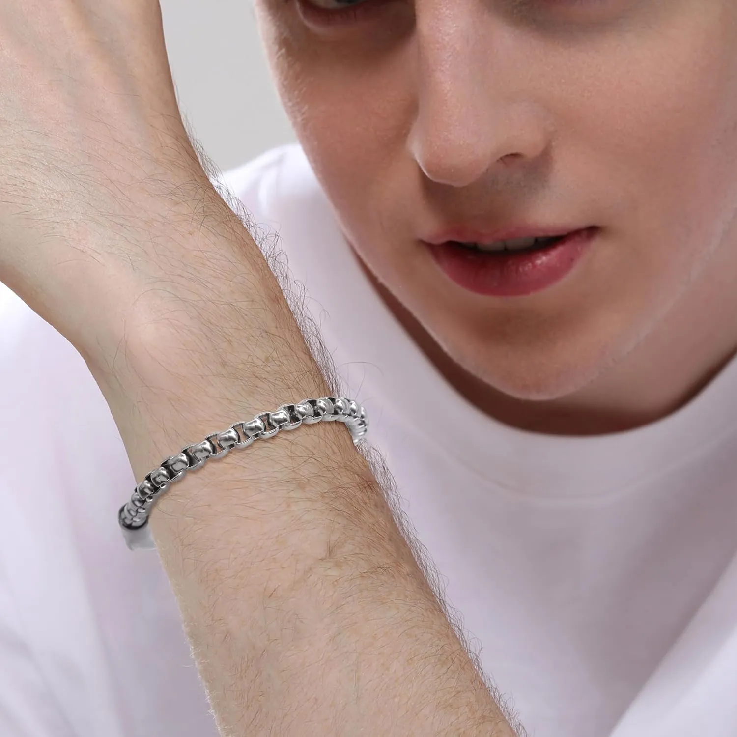AILUOR Stainless Steel Men's Bracelet, 6mm Stainless Steel Box Chain Bracelet for Men Women Square Box Chain Bracelet Crude Chain Cuban Bracelet Jewelry