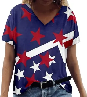 American Flag Shirt for Girls V Neck Short Sleeve USA Print 4th of July T-Shirts Patriotic Casual Summer Tops
