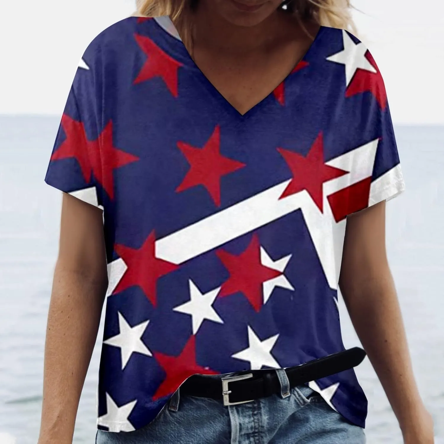 American Flag Shirt for Girls V Neck Short Sleeve USA Print 4th of July T-Shirts Patriotic Casual Summer Tops