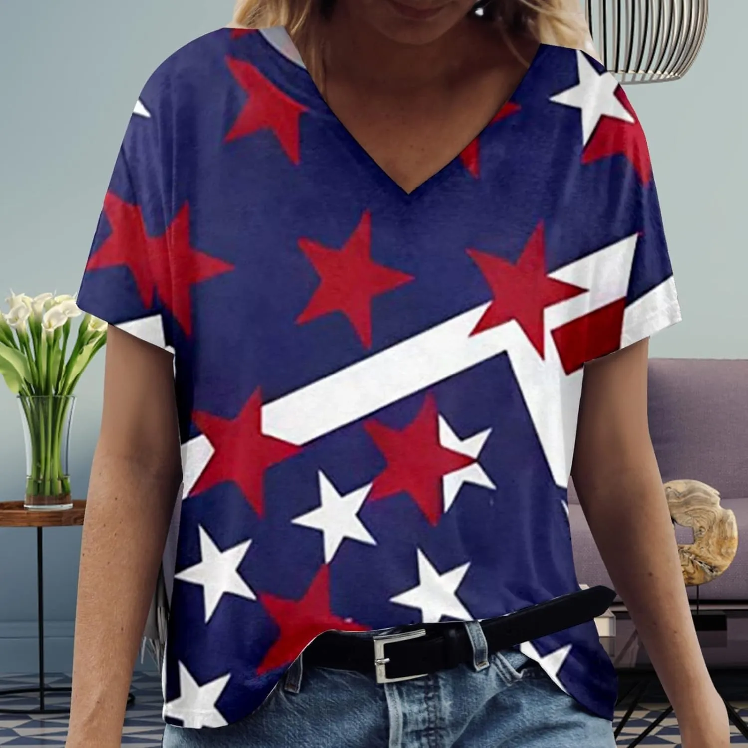 American Flag Shirt for Girls V Neck Short Sleeve USA Print 4th of July T-Shirts Patriotic Casual Summer Tops