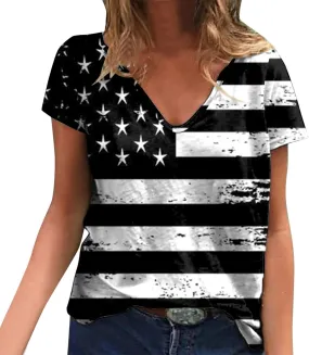 American Flag Shirt Girls V Neck Short Sleeve 4th July Blouse Patriotic Fashion Loose Casual Summer Tops