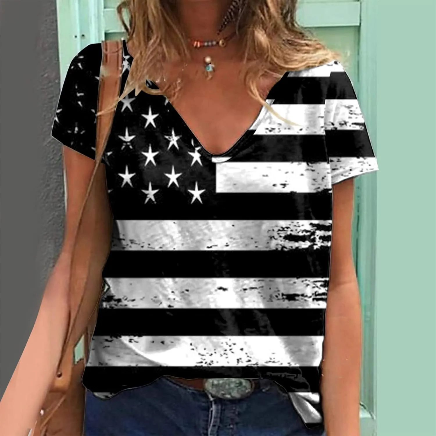 American Flag Shirt Girls V Neck Short Sleeve 4th July Blouse Patriotic Fashion Loose Casual Summer Tops