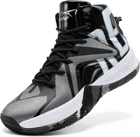 ASHION Mens Basketball Shoes Arch Support Sneakers Lightweight Anti Slip Sports Shoes for Outdoor Running Walking Black Silver 8.5