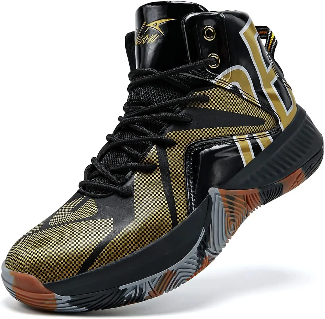 ASHION Mens Basketball Shoes High Top Sneakers Anti Slip Cushion Support Sports Shoes for Running Walking Black Gold 6.5