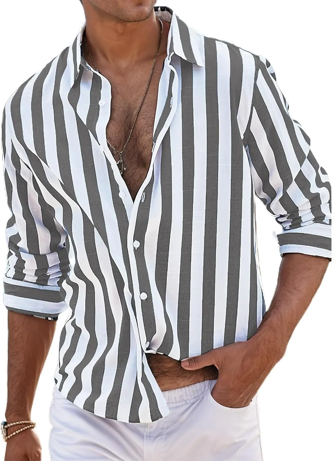 Beach Shirts for Men Stripe Long Sleeve Shirt Cotton Linen Lightweight Summer Tops Button Down Blouse Casual Shirts