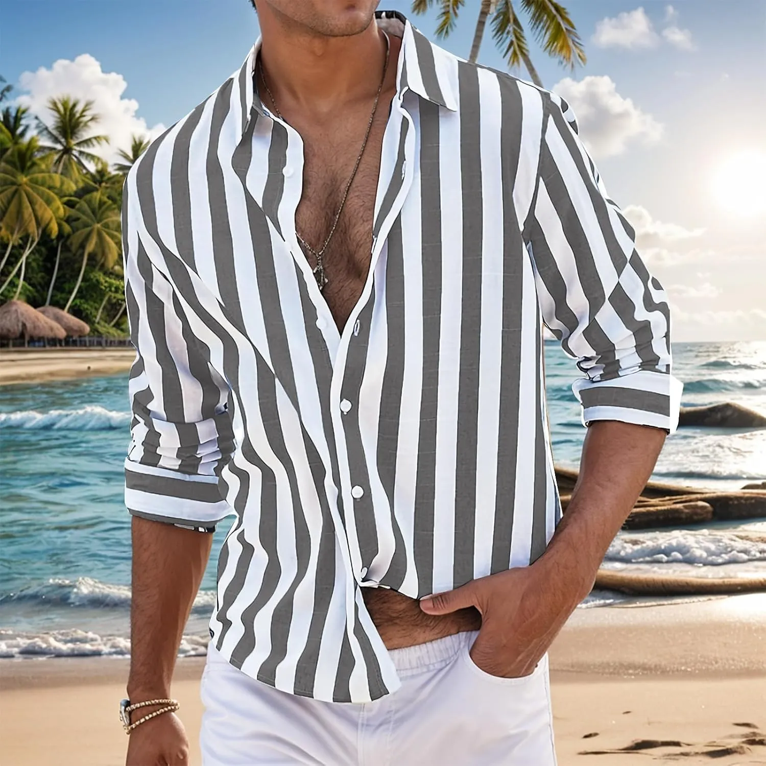 Beach Shirts for Men Stripe Long Sleeve Shirt Cotton Linen Lightweight Summer Tops Button Down Blouse Casual Shirts