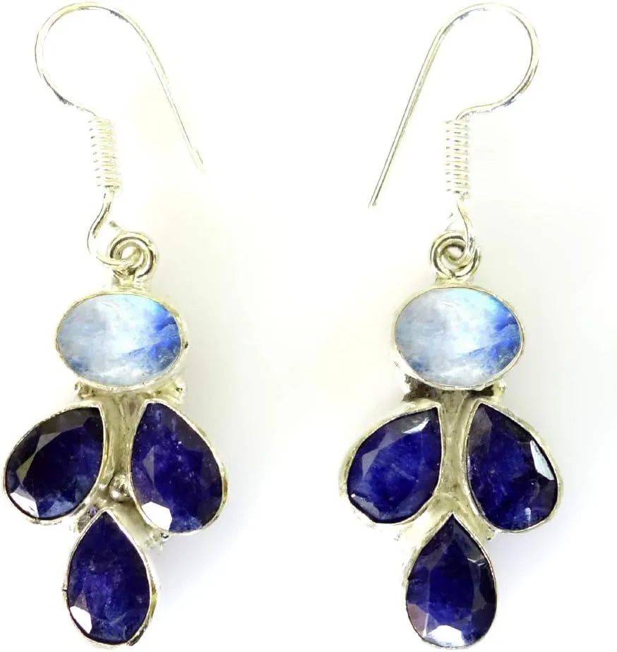 Beautiful Handmade 925 Sterling Silver Plated Drop Earrings for Women Blue Hue Moonstone & Sapphire Gemstone Designer Ethnic Modern Fashion Earring by Artisan