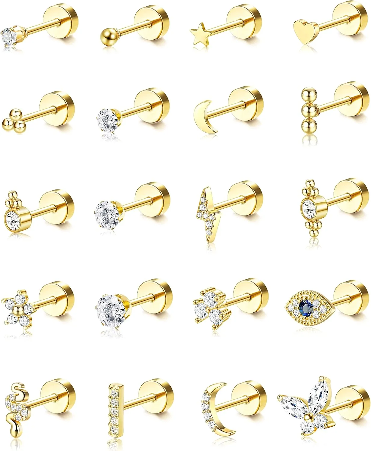 BESTEEL 20PCS Small Hypoallergenic Flat Back Stud Earrings - Silver & Gold Surgical Steel Cartilage Earrings - Tiny Ball Heart Star Set for Multiple Piercing 20G